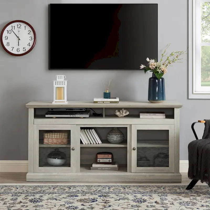 Stone Gray 60 TV Stand with Cable Management, Glass Doors, and Adjustable Shelves for TVs Up to 65