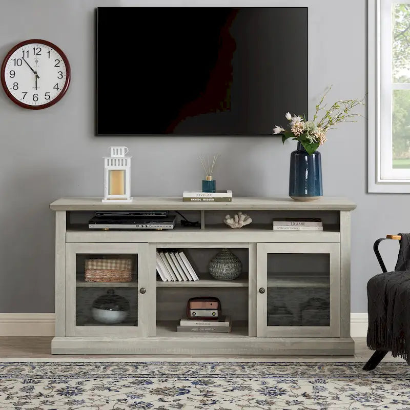 Stone Gray 60 TV Stand with Cable Management, Glass Doors, and Adjustable Shelves for TVs Up to 65
