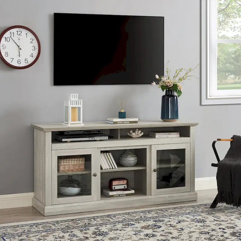 Stone Gray 60 TV Stand with Cable Management, Glass Doors, and Adjustable Shelves for TVs Up to 65