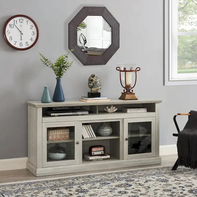 Stone Gray 60 TV Stand with Cable Management, Glass Doors, and Adjustable Shelves for TVs Up to 65