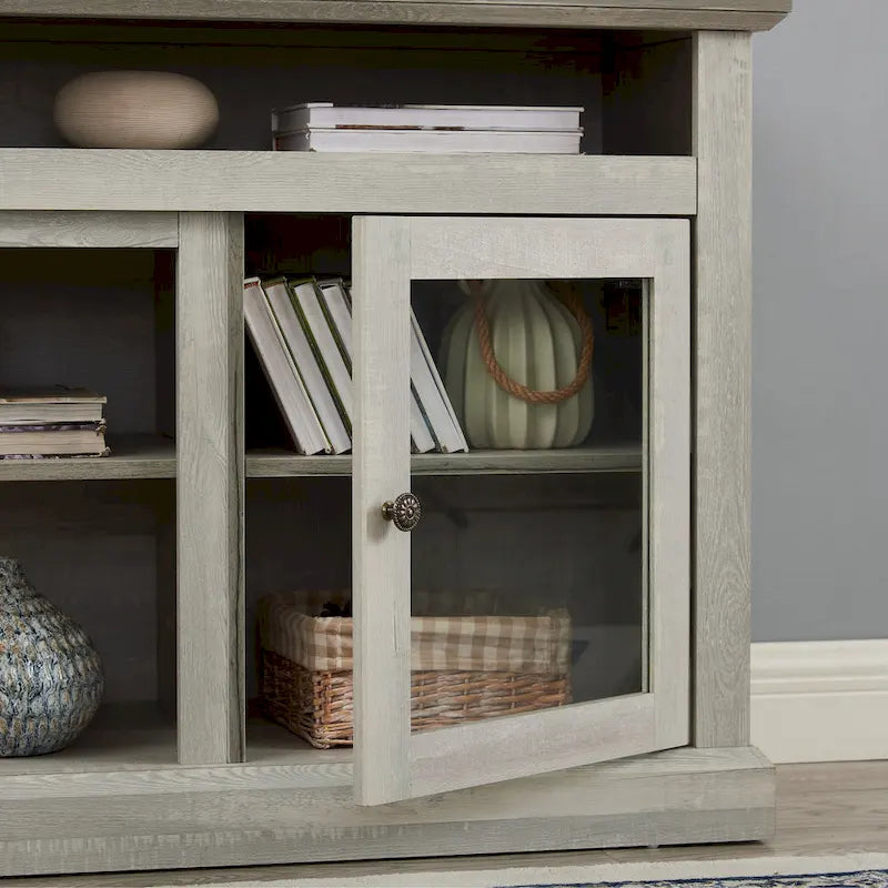 Stone Gray 60 TV Stand with Cable Management, Glass Doors, and Adjustable Shelves for TVs Up to 65