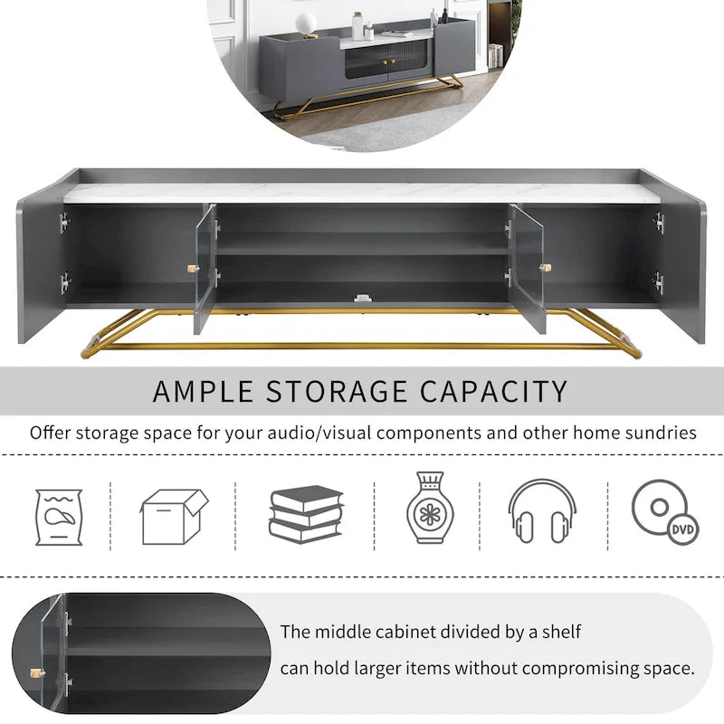 63.07 TV Stand with Glass & Gold Frame for 70 TVs