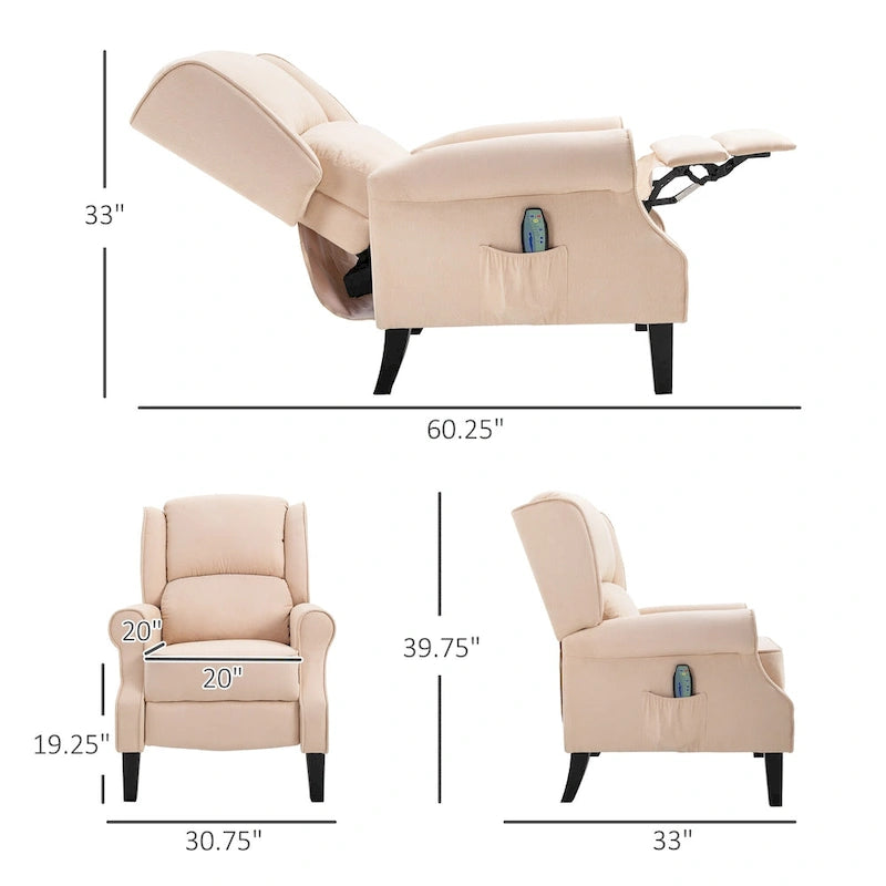 Cream White Heated Massage Recliner Chair with Lumbar Heating & Remote Controller