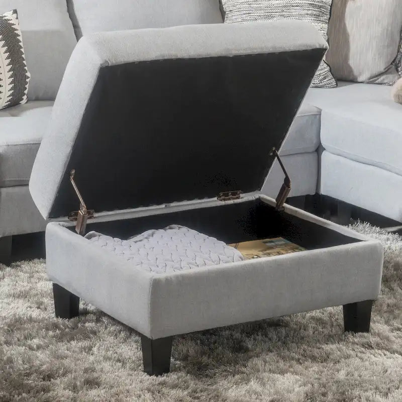 Contemporary Tufted Waffle Stitch Storage Ottoman with Birch Legs