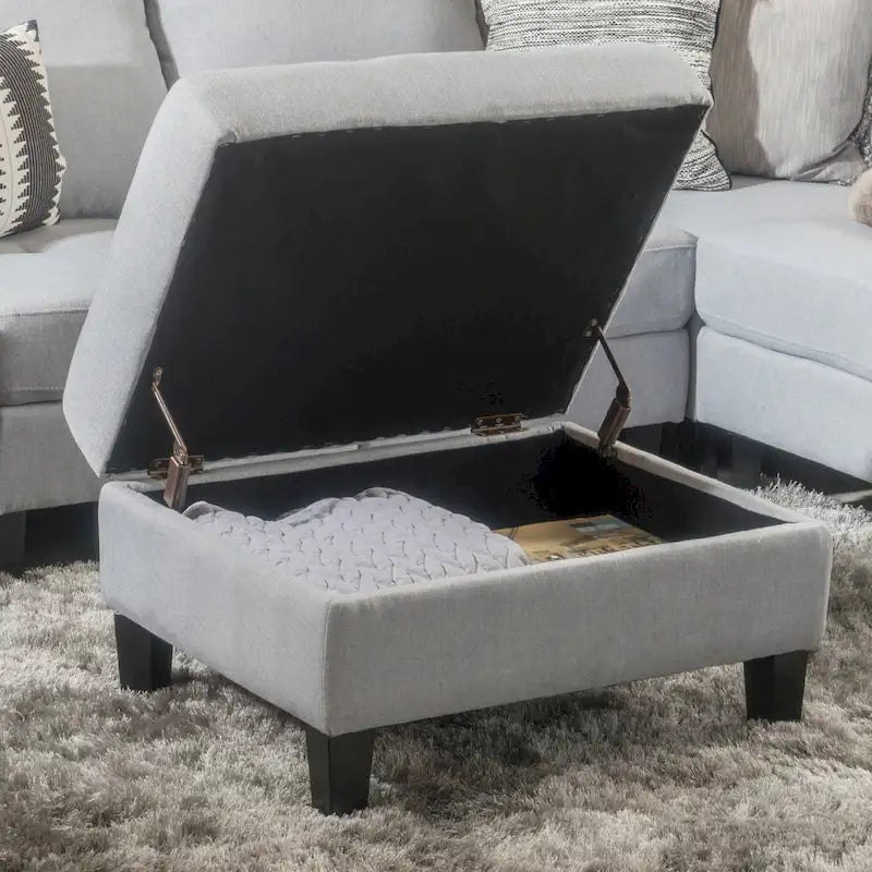 Contemporary Tufted Waffle Stitch Storage Ottoman with Birch Legs