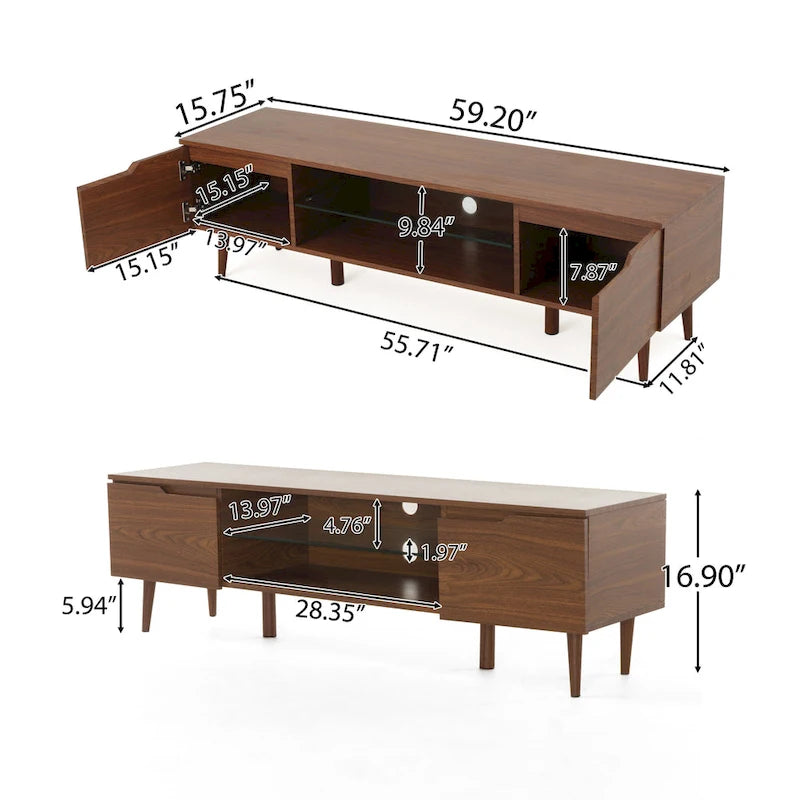 Walnut 59.2 TV Stand with 2 Cabinets & Tempered Glass Shelf for 40 TVs