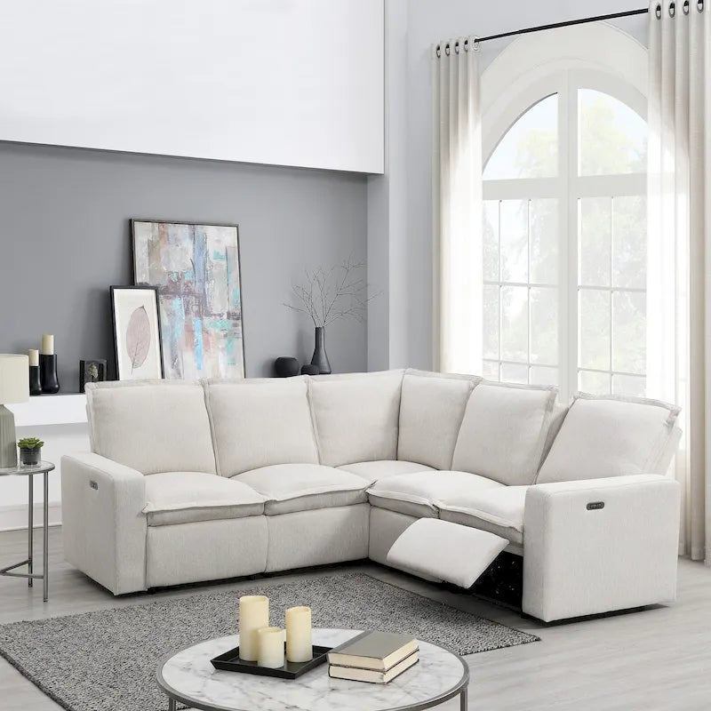 Linen L-Shaped Sectional Sofa with Power Recliners & USB
