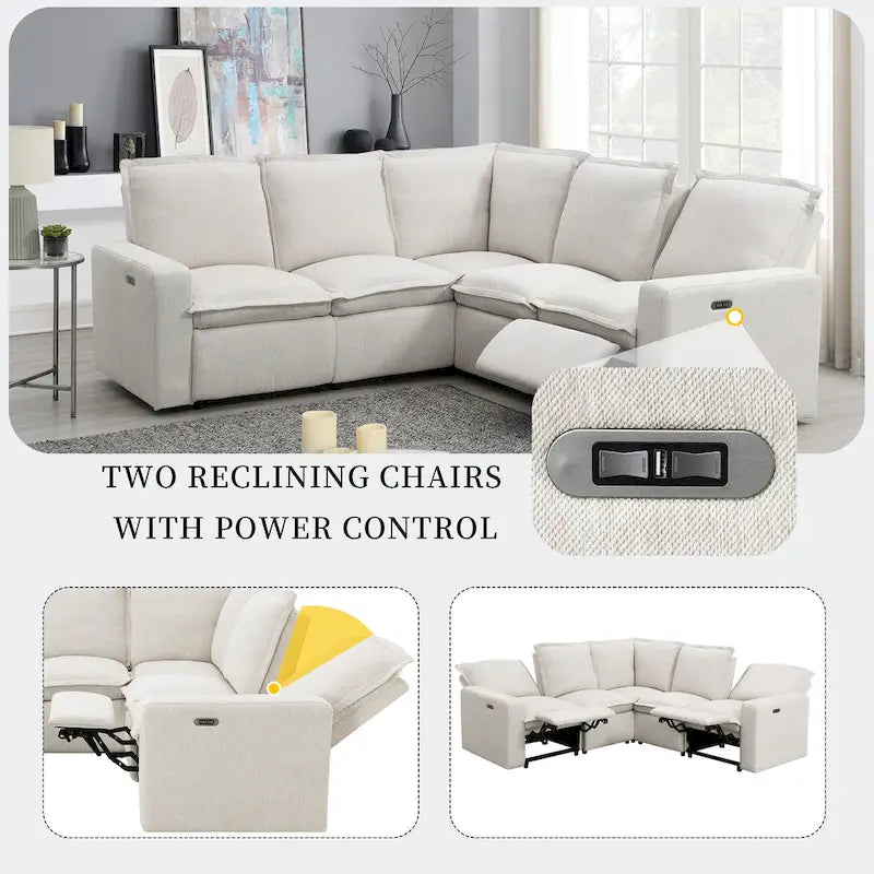 Linen L-Shaped Sectional Sofa with Power Recliners & USB