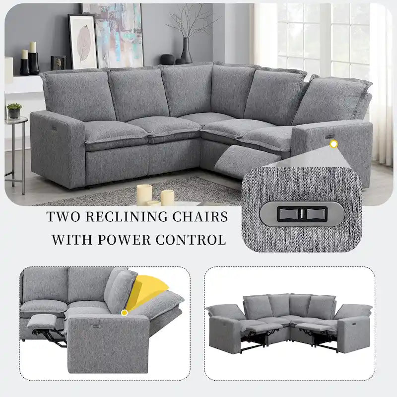 Linen L-Shaped Sectional Sofa with Power Recliners & USB