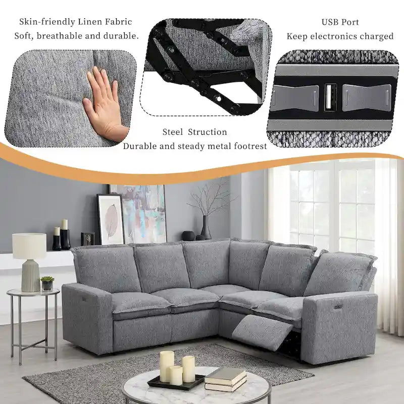 Linen L-Shaped Sectional Sofa with Power Recliners & USB