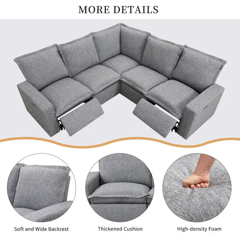 Linen L-Shaped Sectional Sofa with Power Recliners & USB