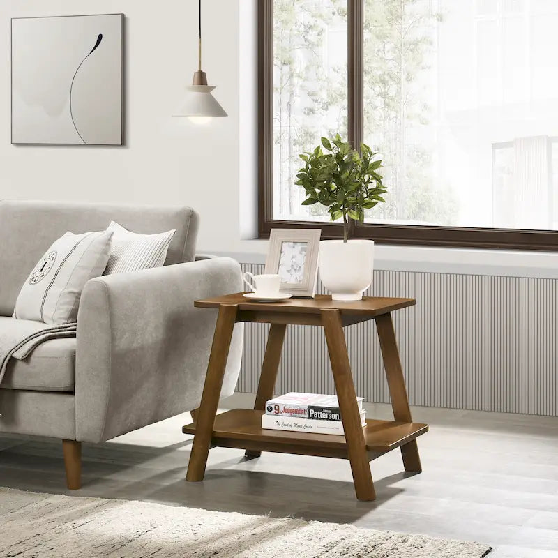 Metz Mid-Century Modern Wood Shelf End Table, Walnut Finish