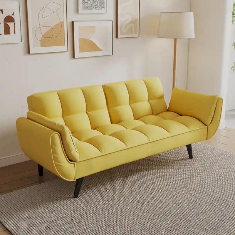 Yellow Sofa with Armrests and Throw Pillow - Comfortable Sofa Bed for Small Spaces, Ideal for Apartments