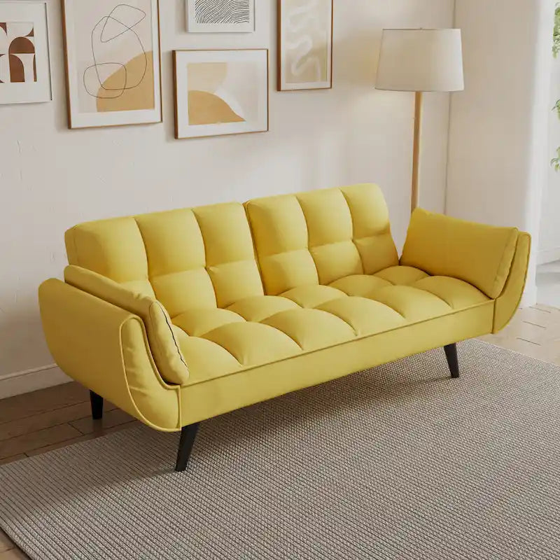 Yellow Sofa with Armrests and Throw Pillow - Comfortable Sofa Bed for Small Spaces, Ideal for Apartments
