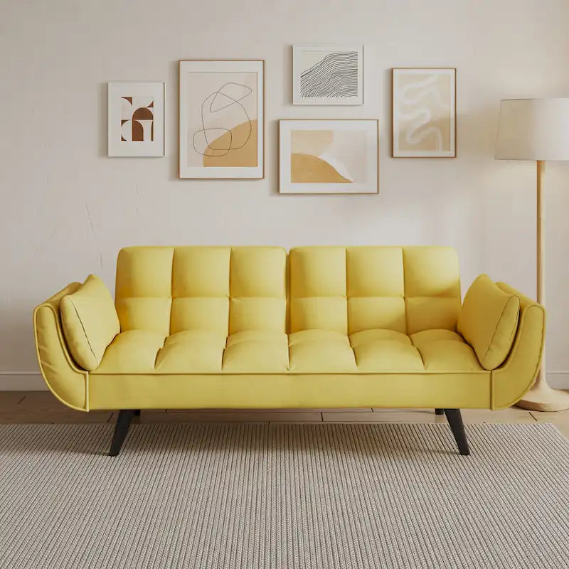 Yellow Sofa with Armrests and Throw Pillow - Comfortable Sofa Bed for Small Spaces, Ideal for Apartments