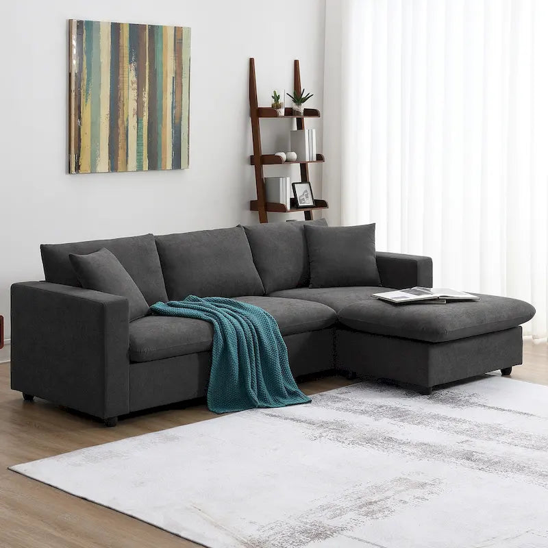 4-Seat Polyester L-Shaped Sectional Sofa with Convertible Ottoman
