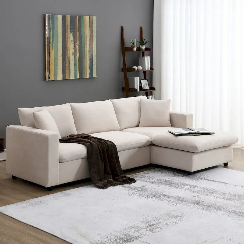 4-Seat Polyester L-Shaped Sectional Sofa with Convertible Ottoman