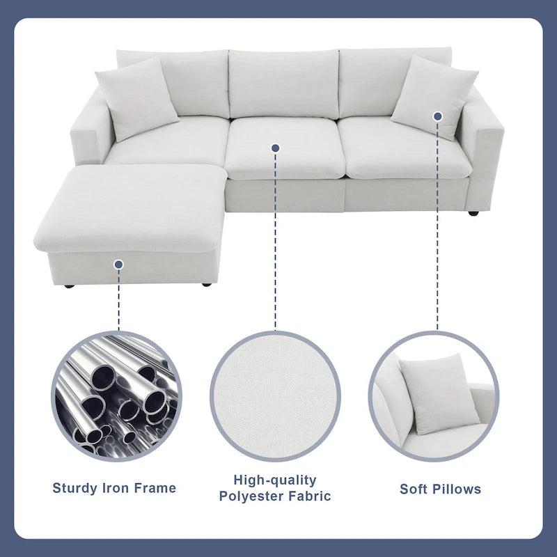 4-Seat Polyester L-Shaped Sectional Sofa with Convertible Ottoman