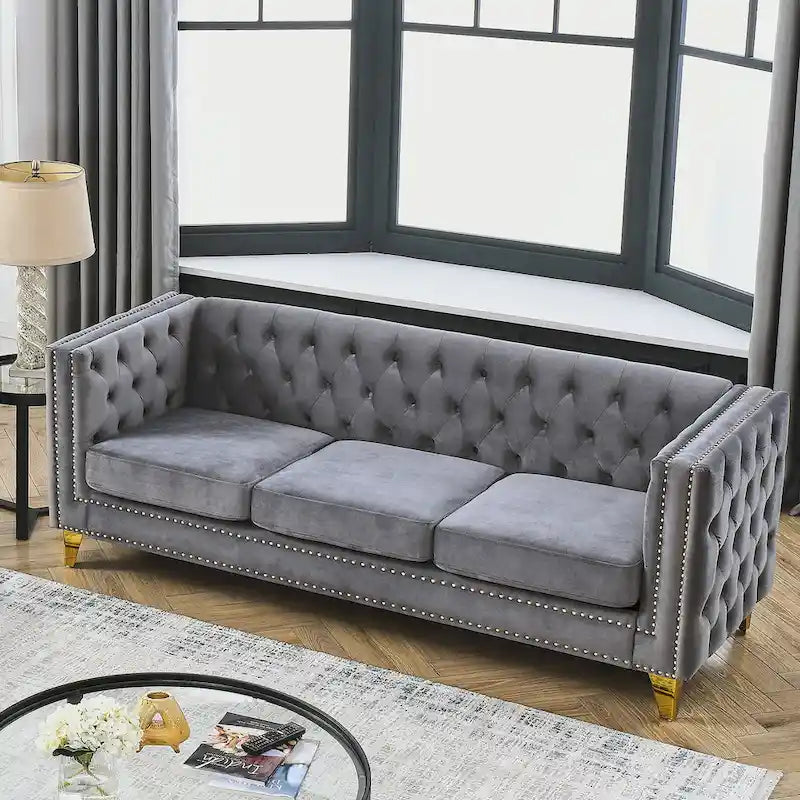 Gray 80.5 Velvet Tufted 3-Seater Sofa with Nailhead Decoration