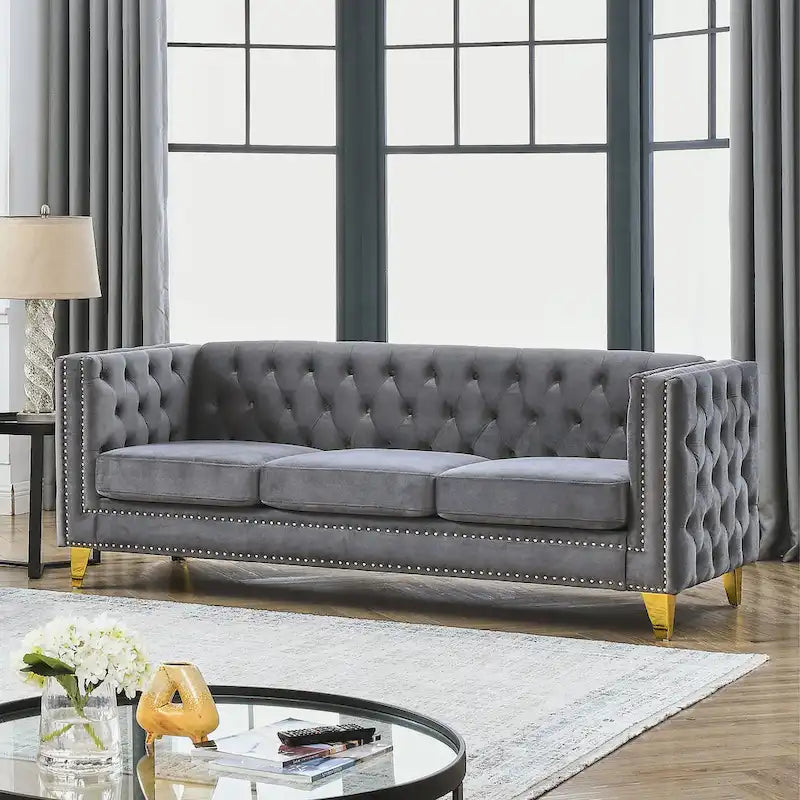 Gray 80.5 Velvet Tufted 3-Seater Sofa with Nailhead Decoration
