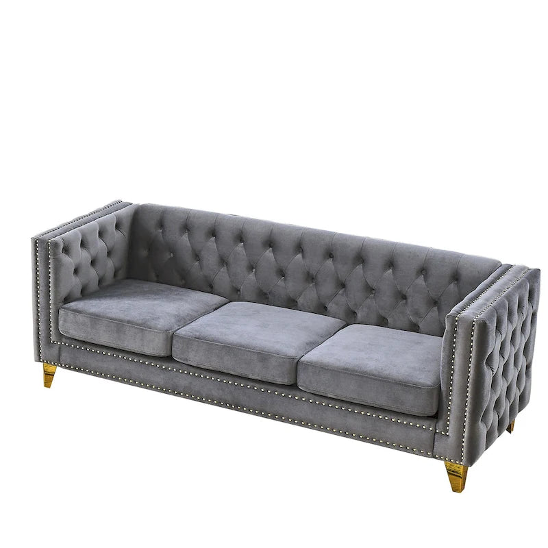 Gray 80.5 Velvet Tufted 3-Seater Sofa with Nailhead Decoration