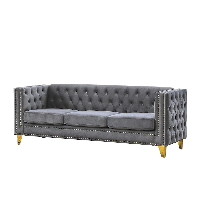 Gray 80.5 Velvet Tufted 3-Seater Sofa with Nailhead Decoration