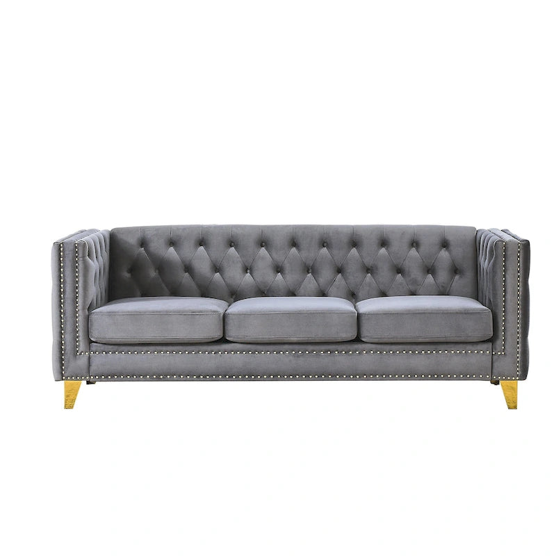 Gray 80.5 Velvet Tufted 3-Seater Sofa with Nailhead Decoration