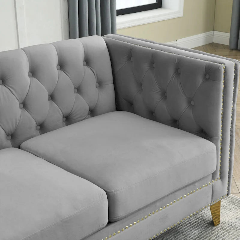 Gray 80.5 Velvet Tufted 3-Seater Sofa with Nailhead Decoration