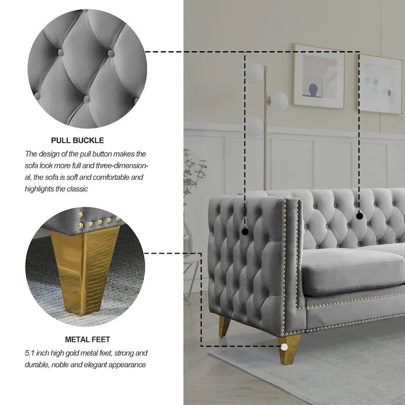 Gray 80.5 Velvet Tufted 3-Seater Sofa with Nailhead Decoration