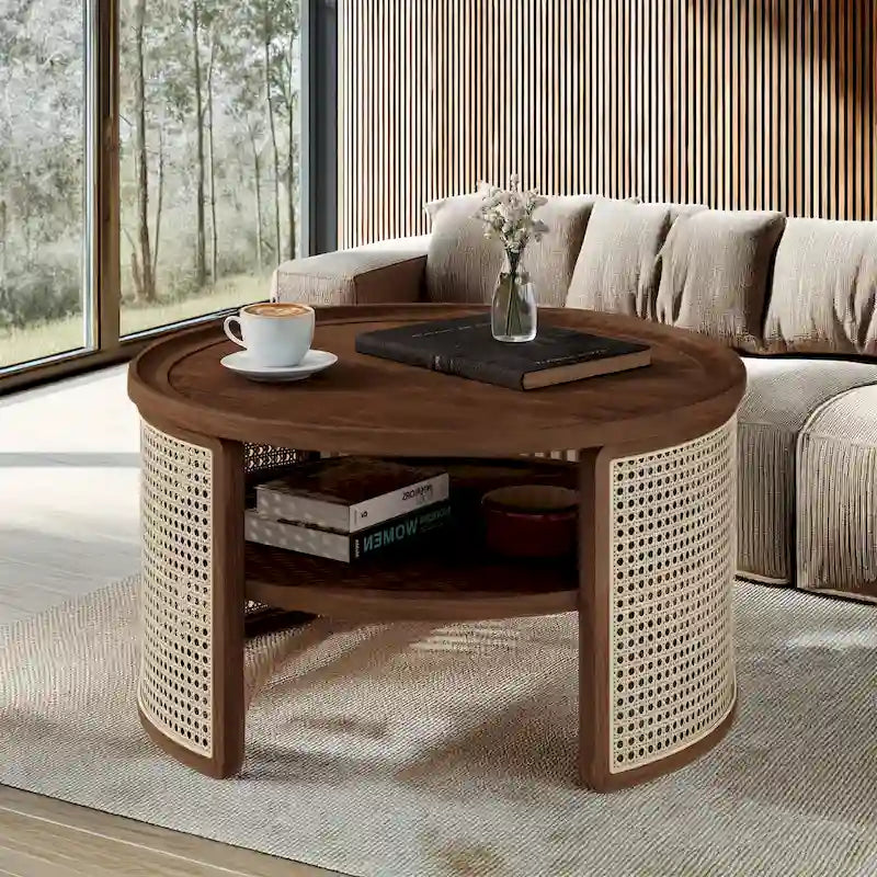 2-Tiered Round Walnut Wood Coffee Table