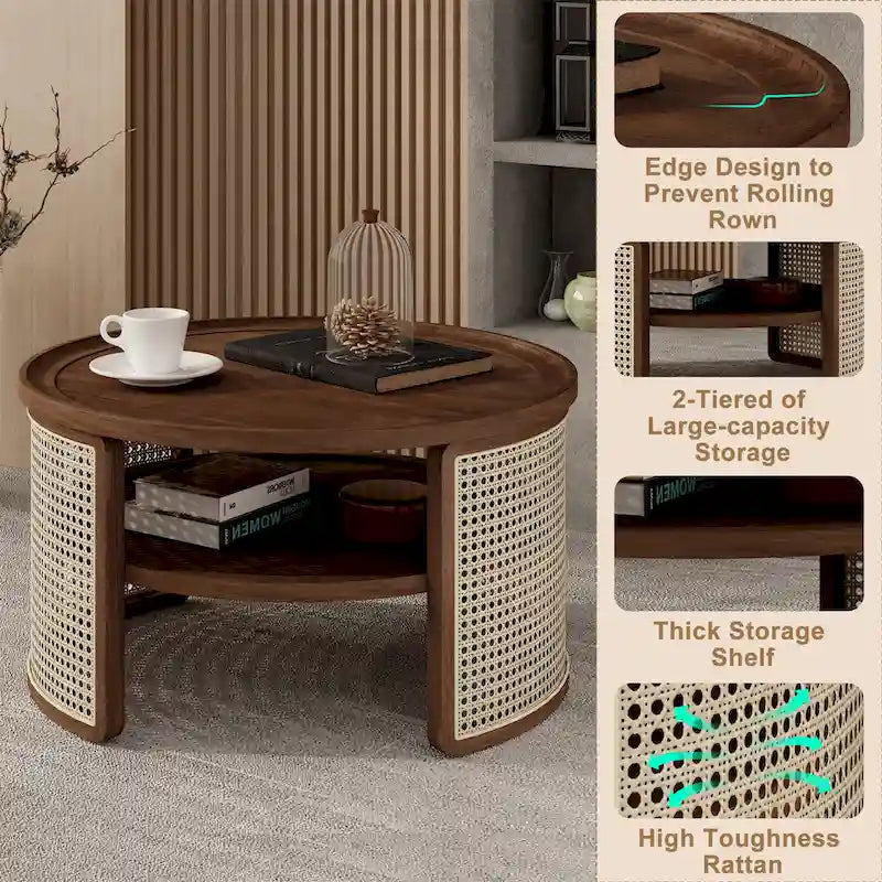 2-Tiered Round Walnut Wood Coffee Table