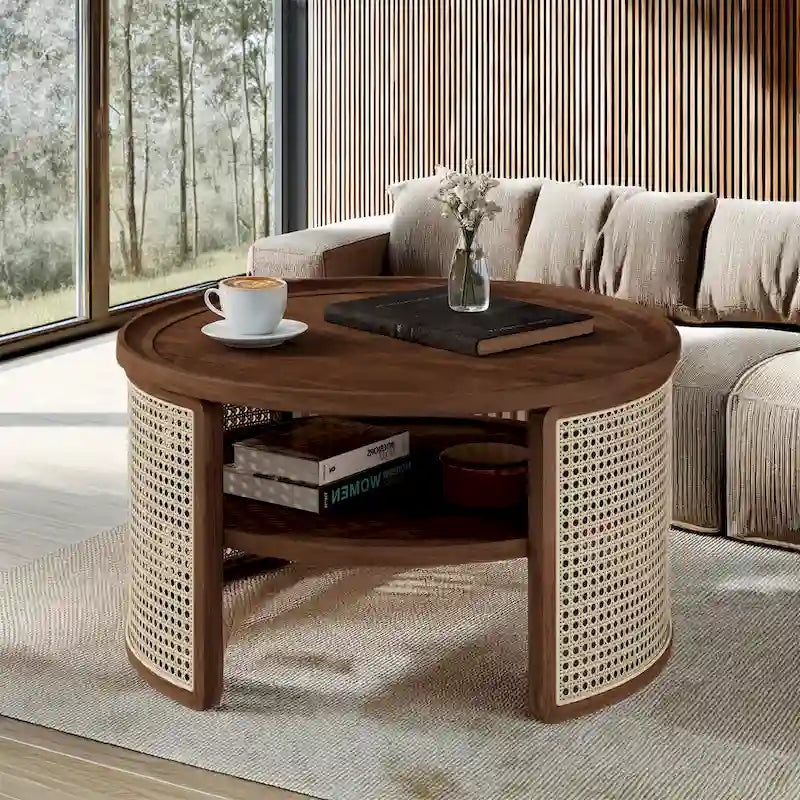 2-Tiered Round Walnut Wood Coffee Table