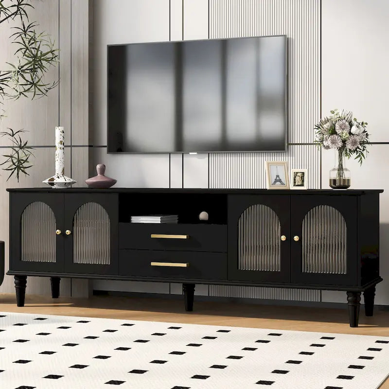 68.9 Retro TV Stand for TVs up to 75 Inches, Entertainment Center Media Console with Fluted Glass Doors for Living Room
