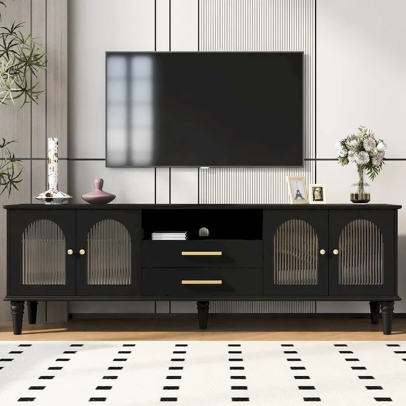 68.9 Retro TV Stand for TVs up to 75 Inches, Entertainment Center Media Console with Fluted Glass Doors for Living Room