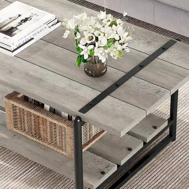 41 Large 2-Tier Industrial Wood Coffee Table with Storage Shelf