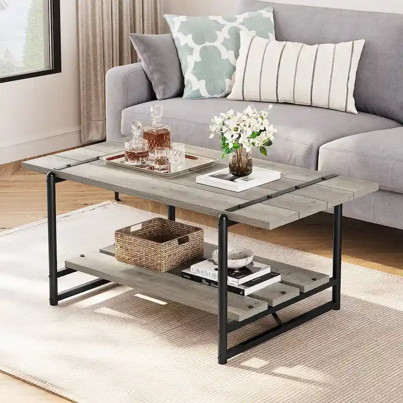 41 Large 2-Tier Industrial Wood Coffee Table with Storage Shelf