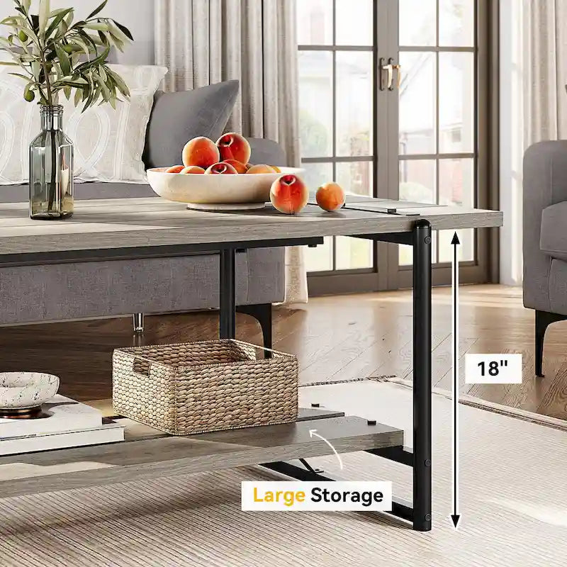 41 Large 2-Tier Industrial Wood Coffee Table with Storage Shelf