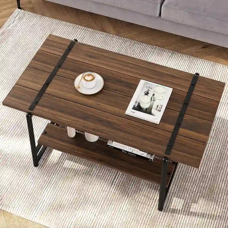 41 Large 2-Tier Industrial Wood Coffee Table with Storage Shelf