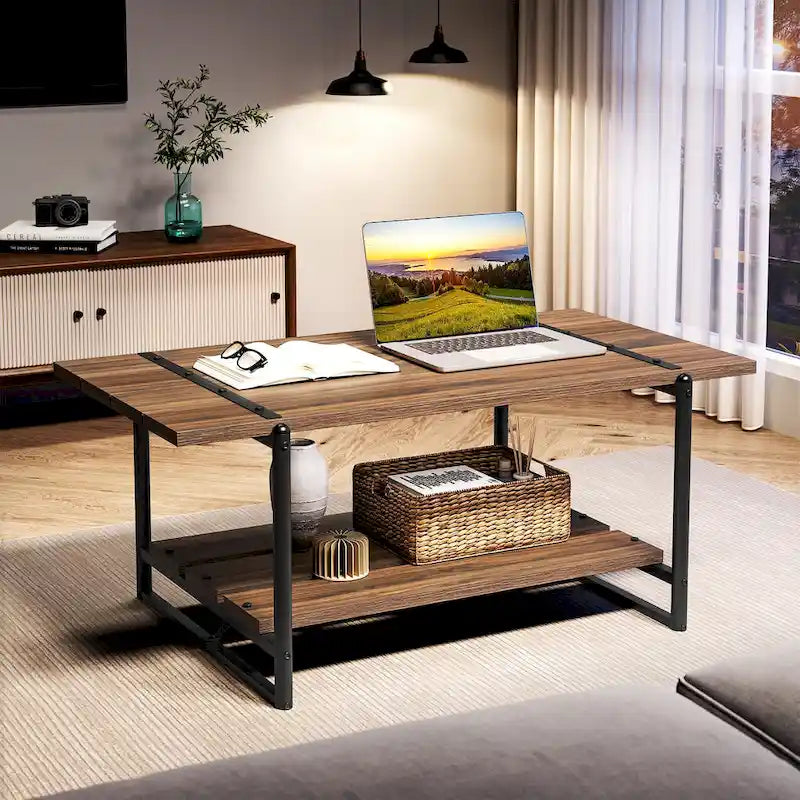 41 Large 2-Tier Industrial Wood Coffee Table with Storage Shelf