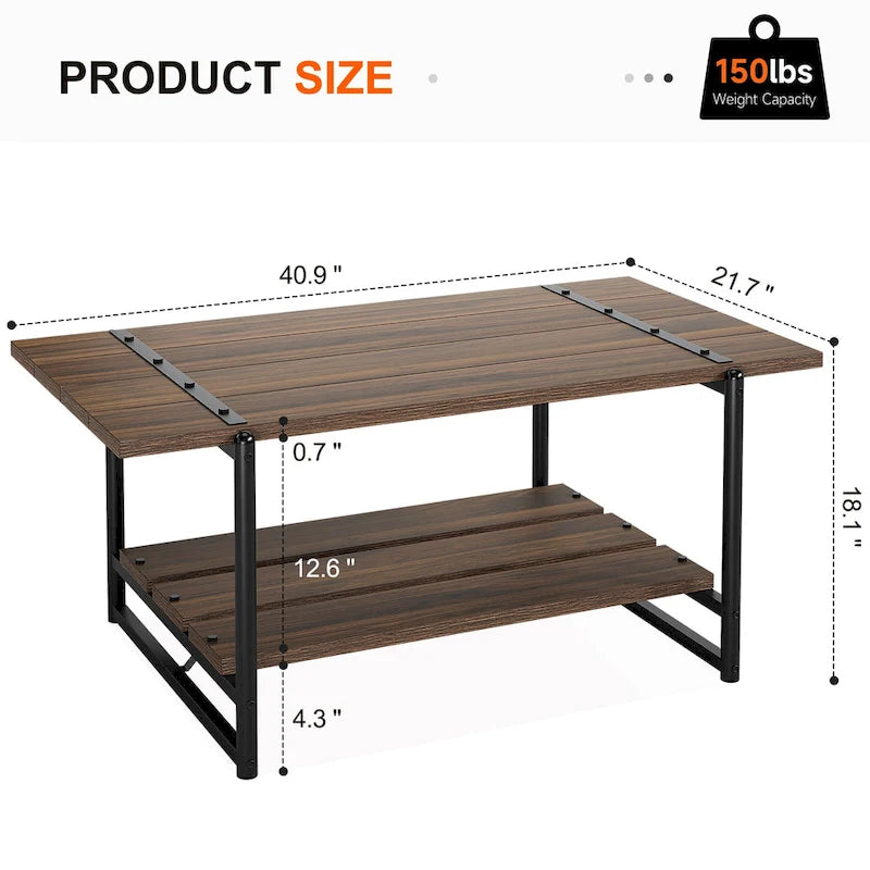 41 Large 2-Tier Industrial Wood Coffee Table with Storage Shelf