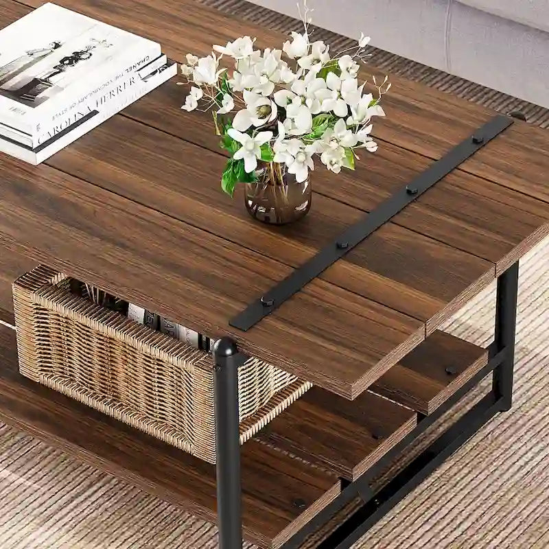 41 Large 2-Tier Industrial Wood Coffee Table with Storage Shelf