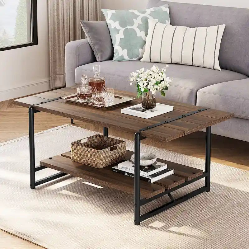 41 Large 2-Tier Industrial Wood Coffee Table with Storage Shelf