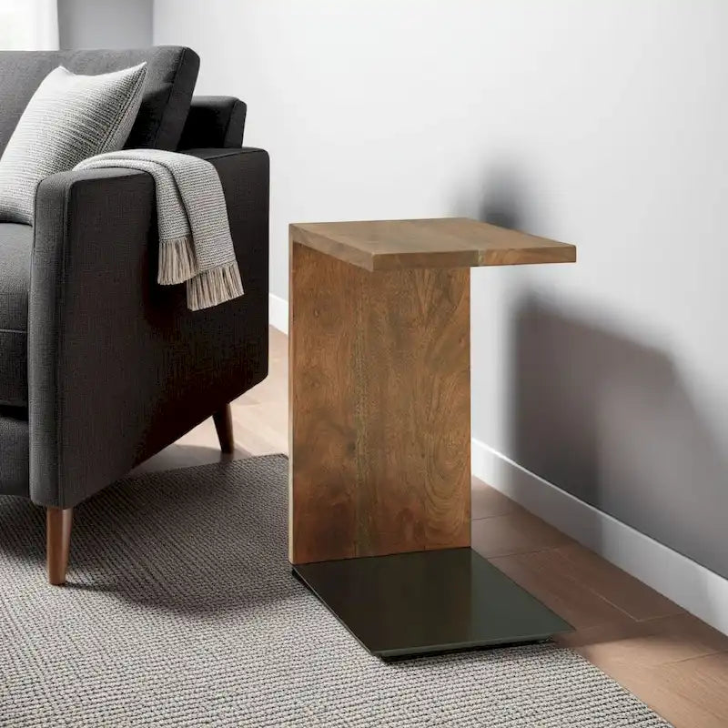 Accent Table, Solid Wood C Shape Design, 18 Inch, Dark Brown