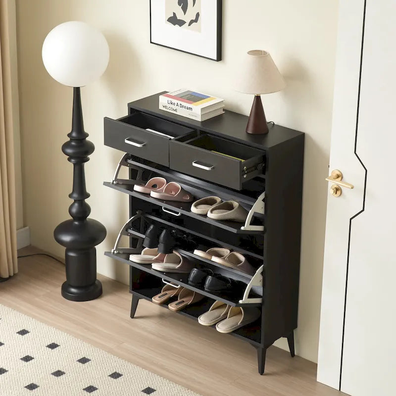 Large size Shoe Cabinet,Free Standing Tipping Bucket Shoe Rack Organizer with 2 Flip Drawers&2 Drawer