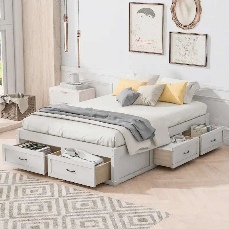 Full Size Platform Bed with 6 Storage Drawers, Antique White, Sleek Design for Bedroom Organization