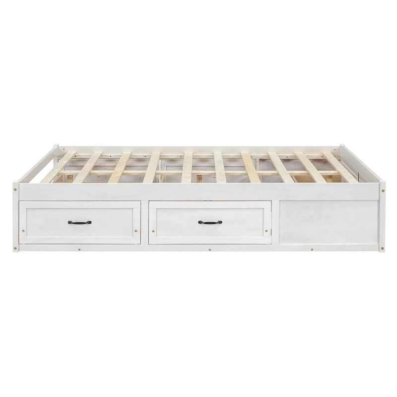 Full Size Platform Bed with 6 Storage Drawers, Antique White, Sleek Design for Bedroom Organization