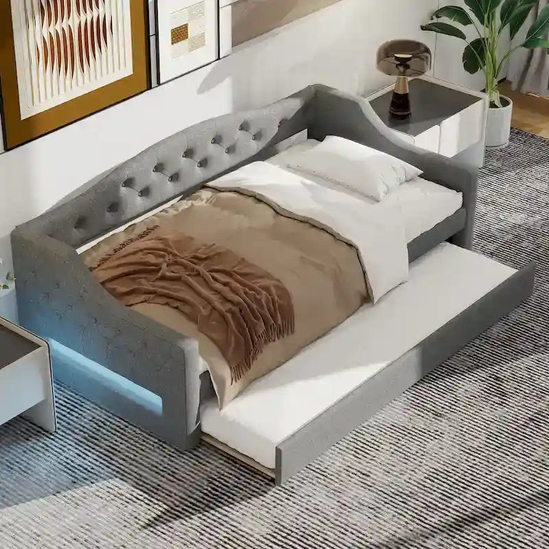 Upholstered Twin XL Size Daybed with LED Belt and Trundle, Gray