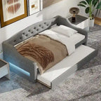 Upholstered Twin XL Size Daybed with LED Belt and Trundle, Gray