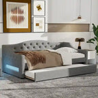 Upholstered Twin XL Size Daybed with LED Belt and Trundle, Gray