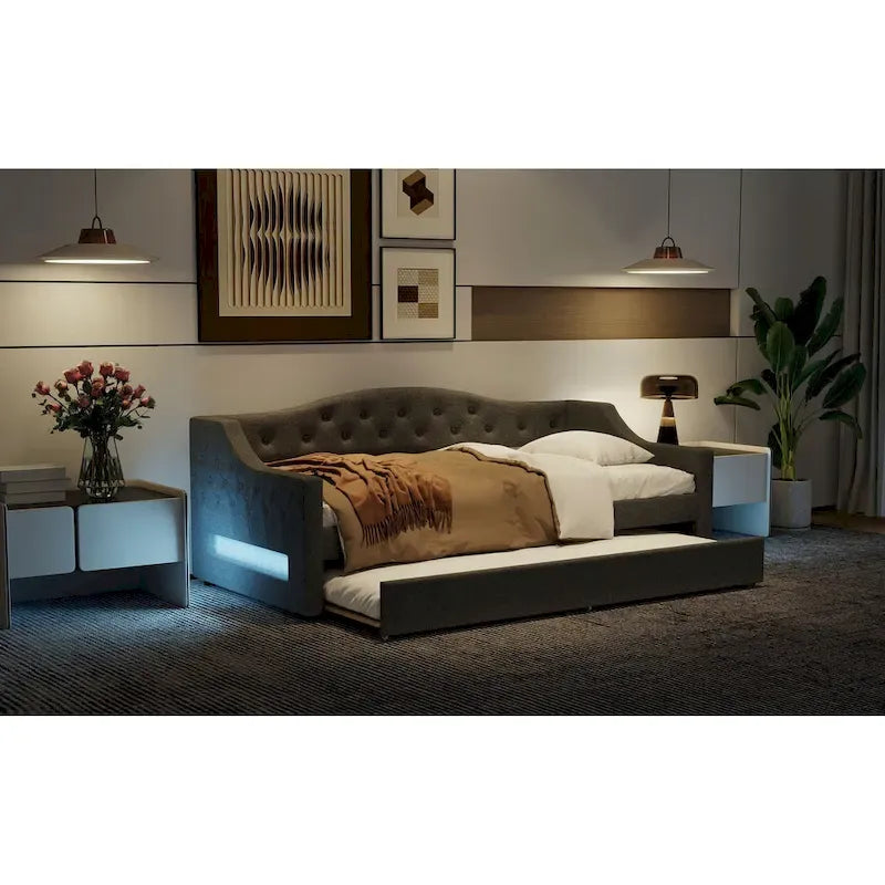 Upholstered Twin XL Size Daybed with LED Belt and Trundle, Gray